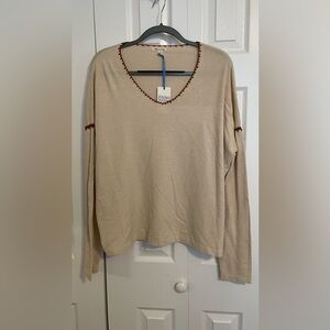 Boutique Tea n Rose Beige Long Sleeve Top with Brown Accents